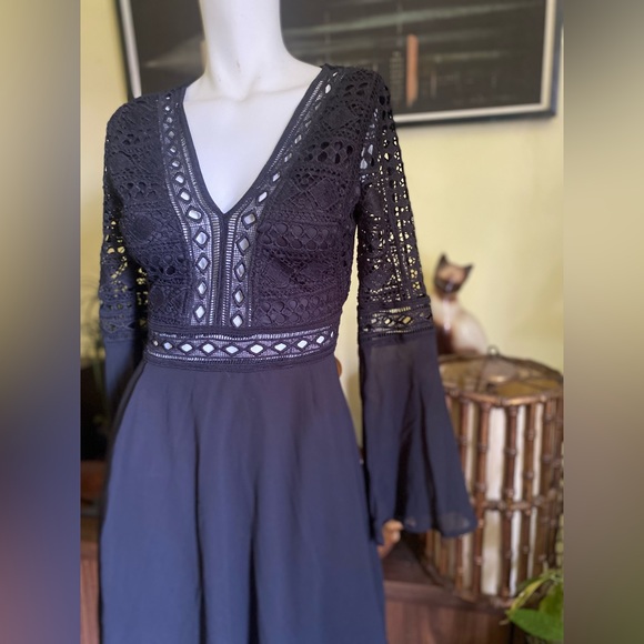 Ladies lace flare arm eyelet black gothic classic cocktail flowing boho dress - Picture 5 of 7